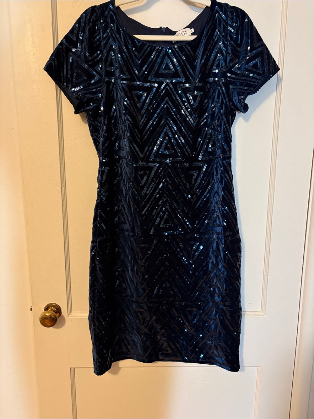 Molly Bracken Navy Blue Velvet Sequin Geometric Mini Dress